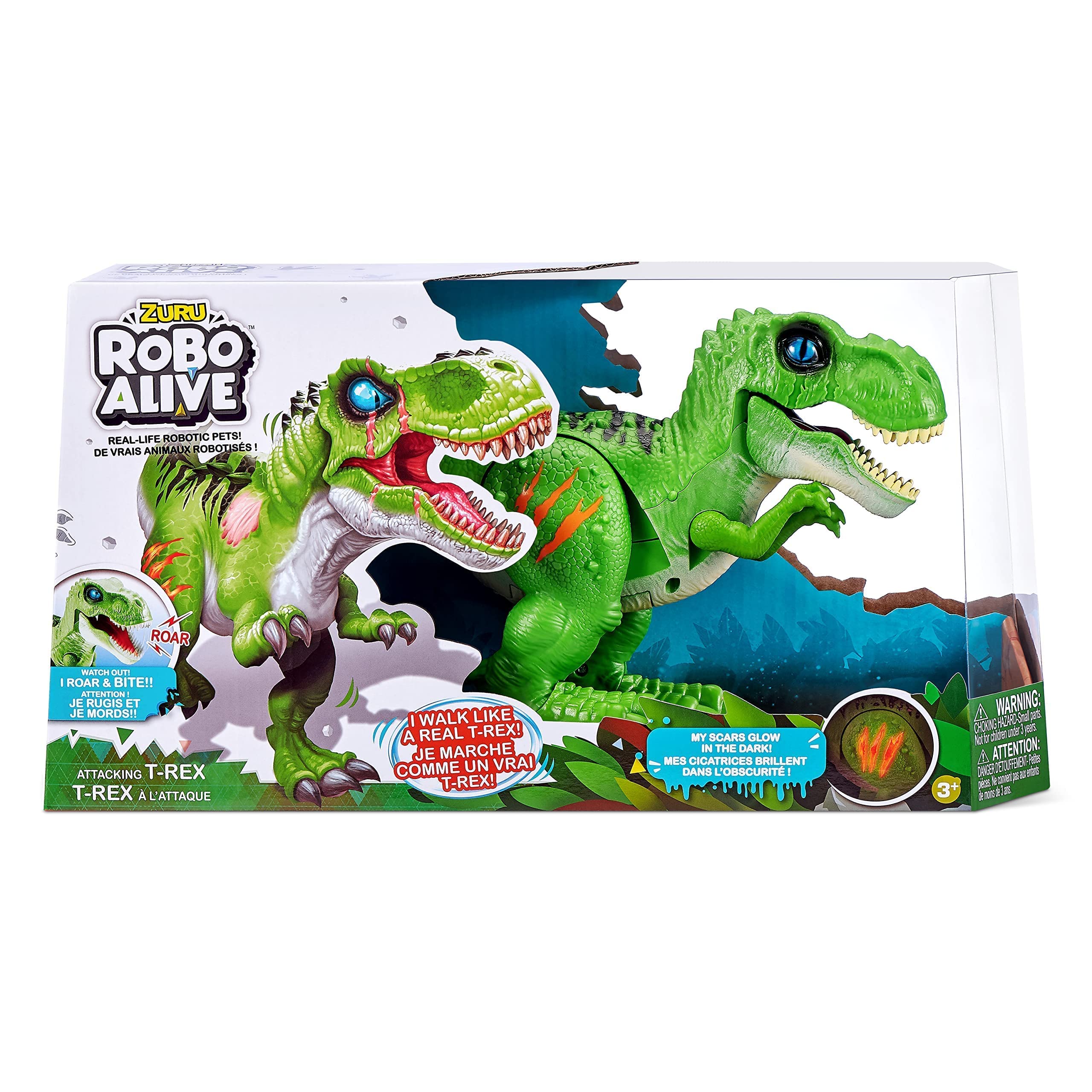 Robo Alive T-Rex bites and roars for realistic dinosaur action.
