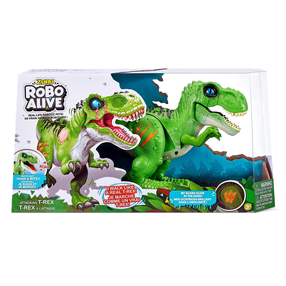 Robo Alive T-Rex bites and roars for realistic dinosaur action.