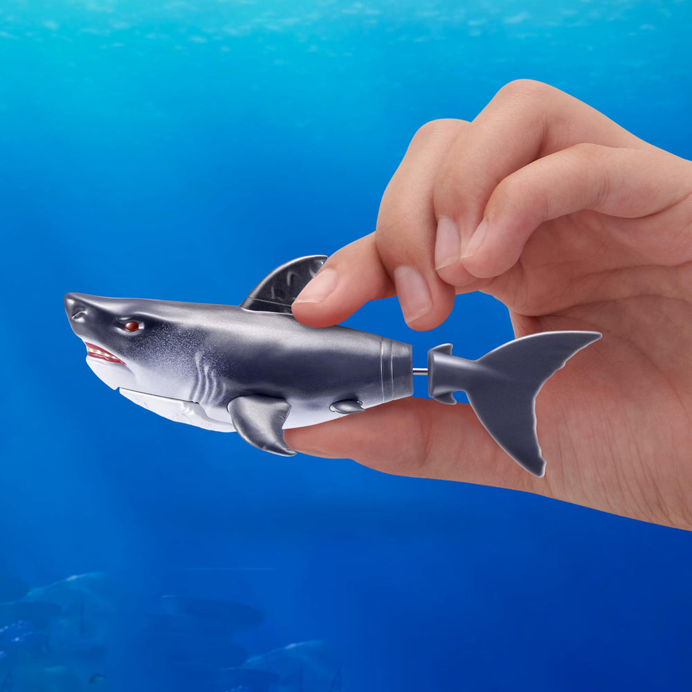 Shark emerging from a tub for screen-free pretend play and pranks