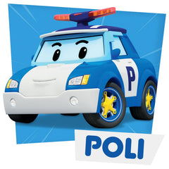 Robocar Poli diecast police car side view highlighting smooth wheels for quick rescues.