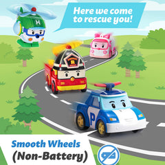 Robocar Poli diecast police car top view emphasizes compact size for small hands.