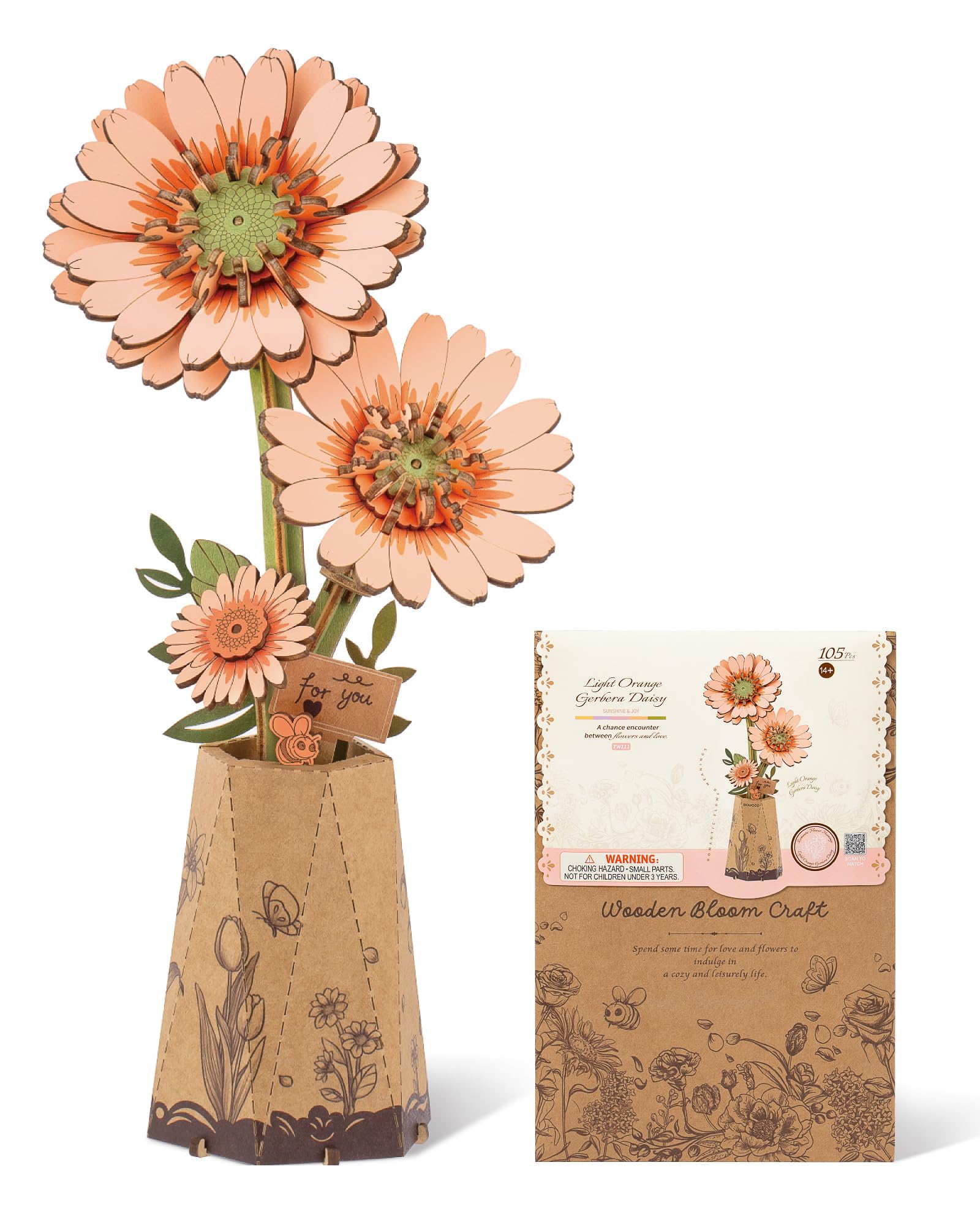 ROBOTIME 3D puzzle light orange gerbera daisy kit—ideal for home decor and mindful crafting