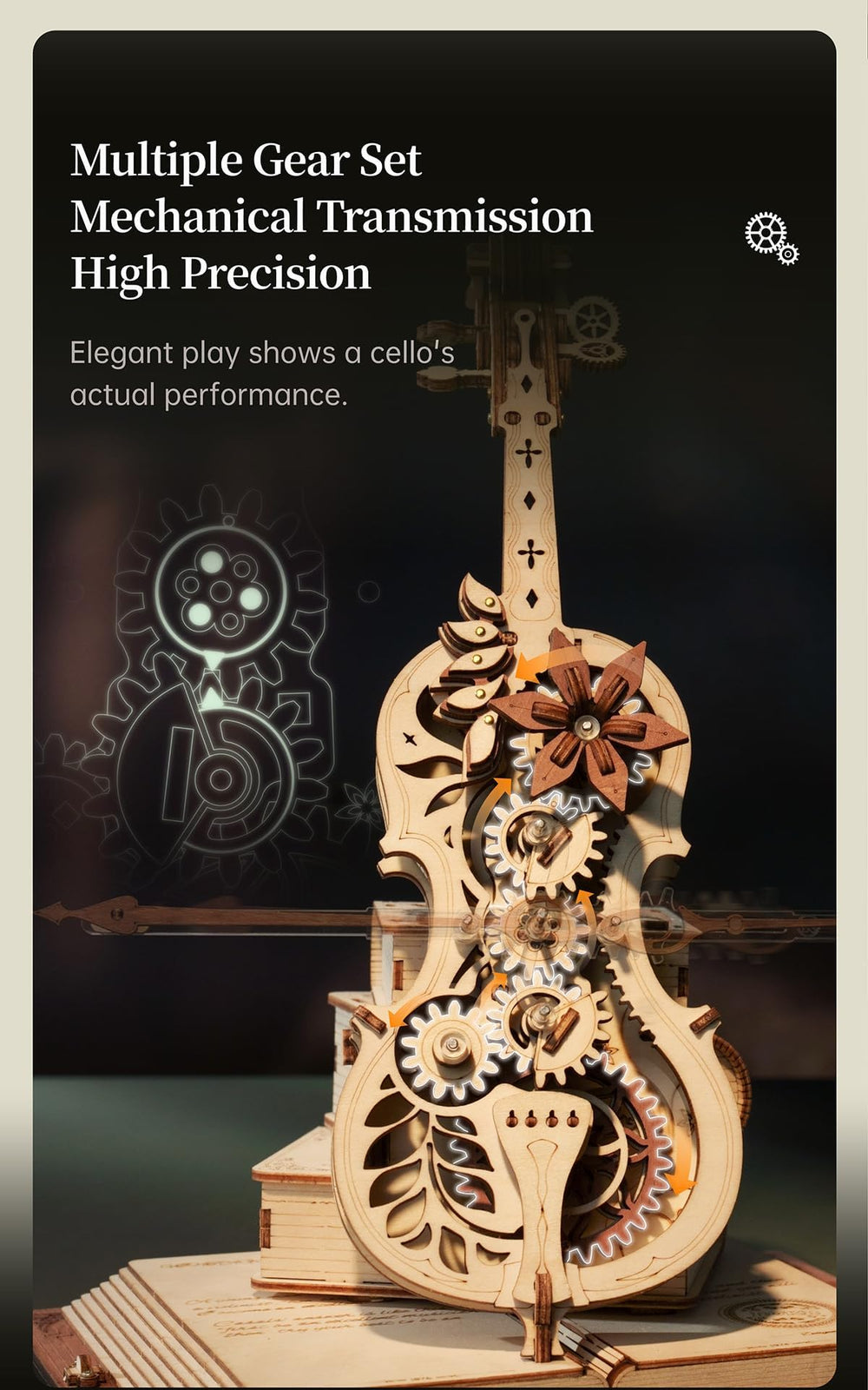 Robotime AMK63 bow mechanism in action demonstrating moving bow for music