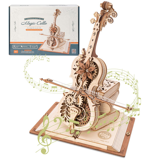 Robotime AMK63 Magic Cello completed model on display, a striking decor piece