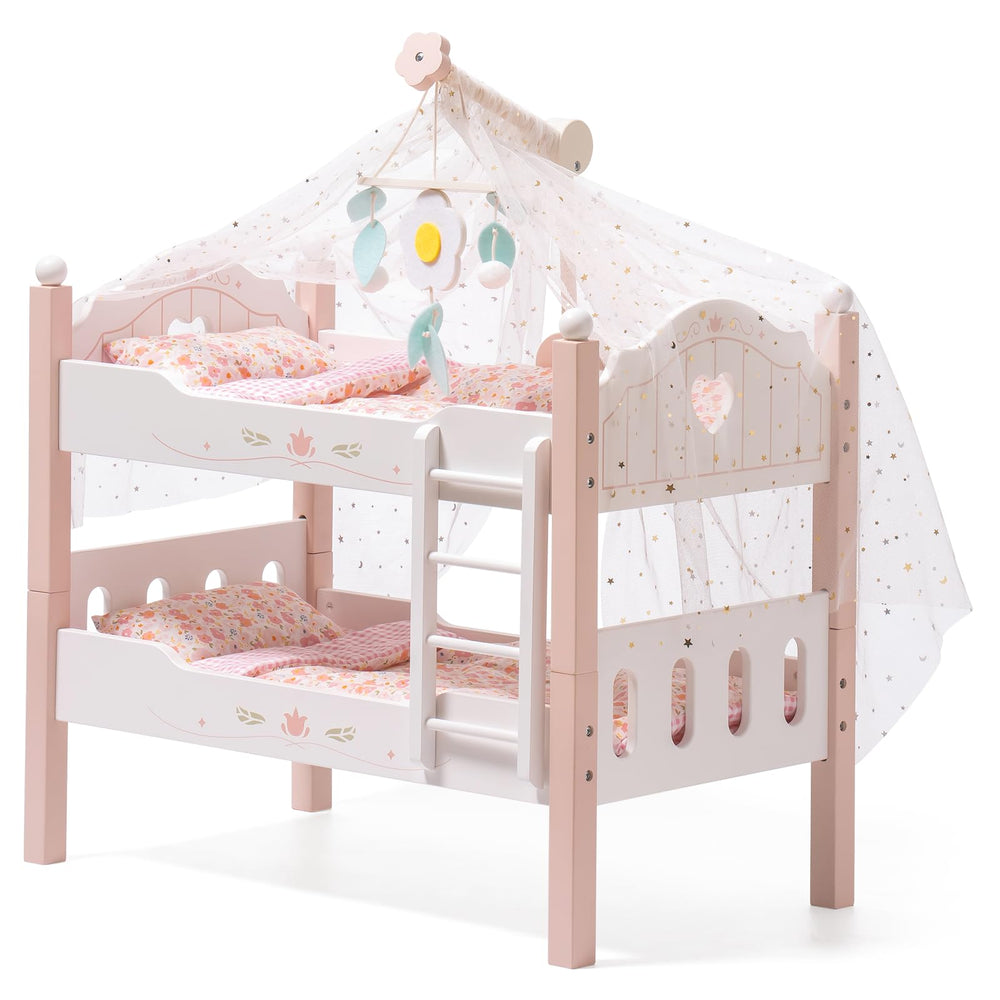 ROBOTIME baby doll bunk bed pink shows a compact twin sleep setup for 20-inch dolls
