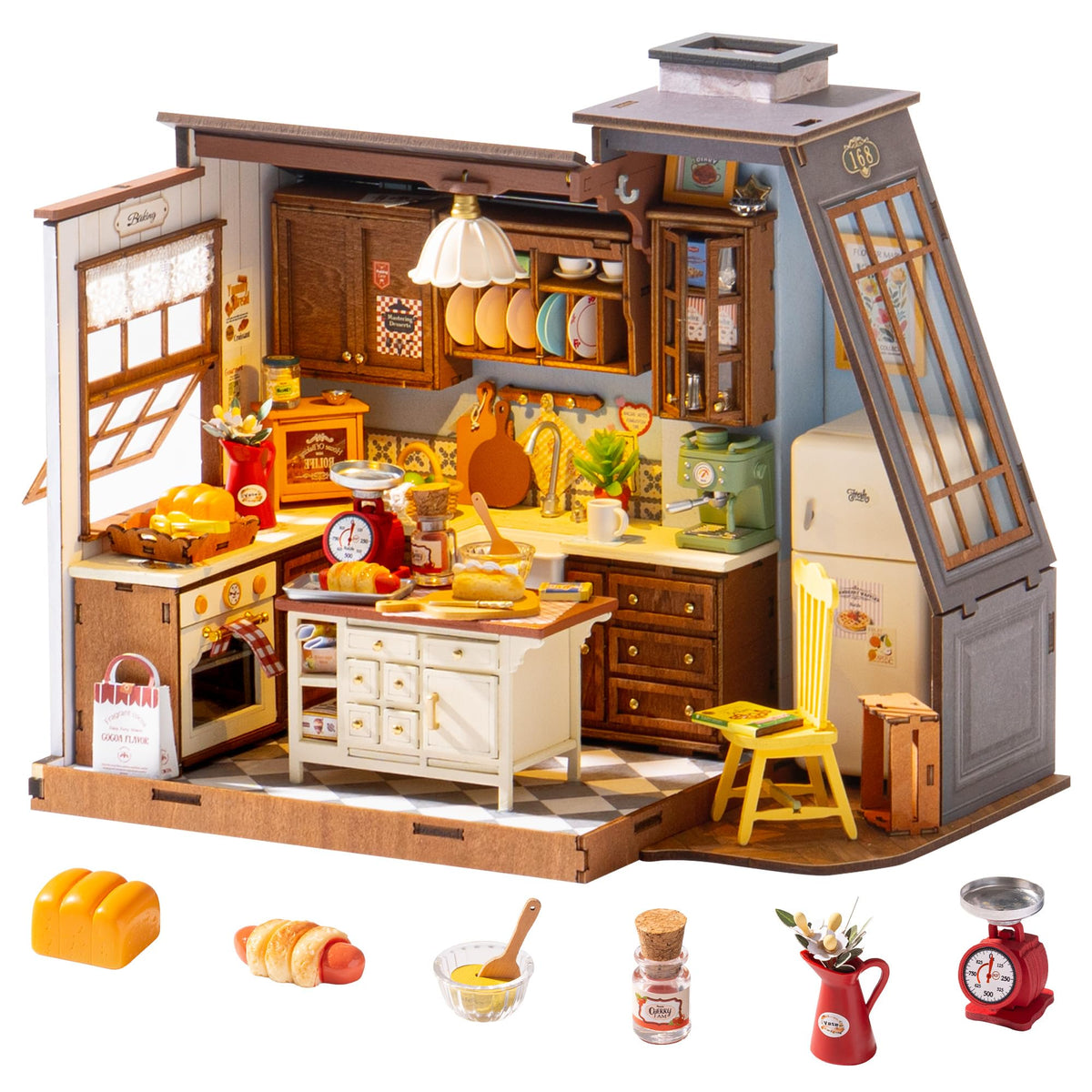 Robotime baking kitchen model with wooden island for a cozy display