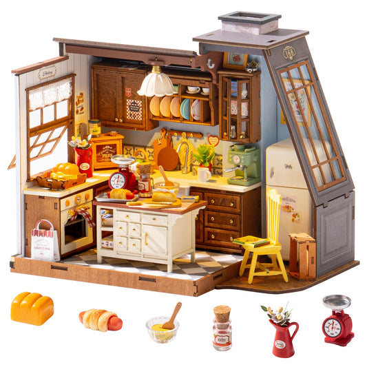 Robotime baking kitchen model with wooden island for a cozy display