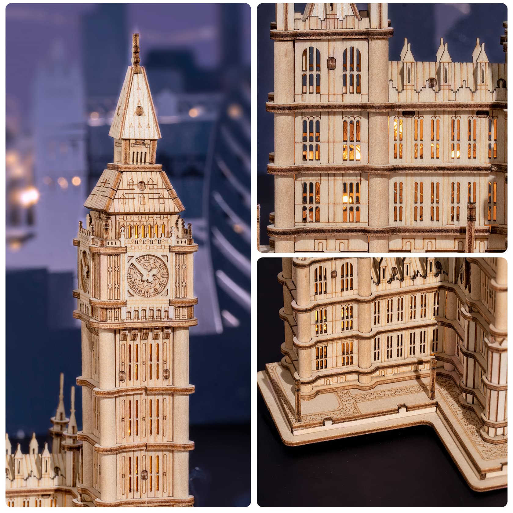 ROBOTIME Big Ben laser-cut detail close-up highlighting precision.
