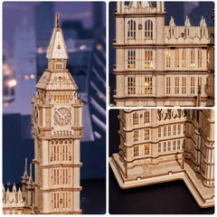 ROBOTIME Big Ben laser-cut detail close-up highlighting precision.