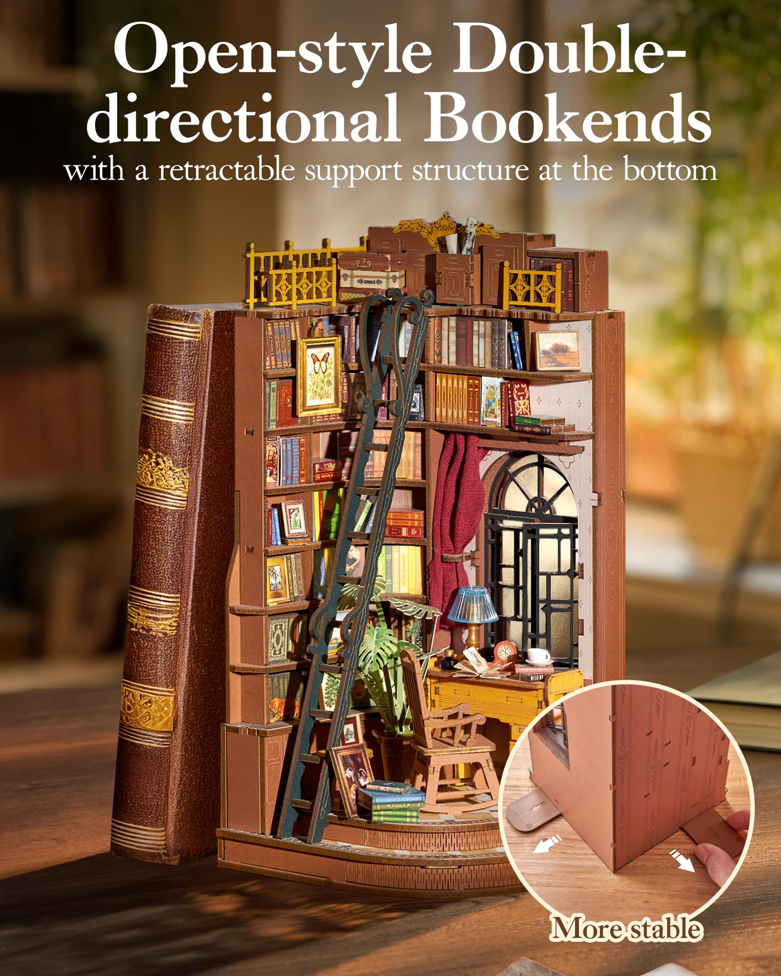 Robotime Book Nook Kit iron ladder detail adds authentic vintage charm