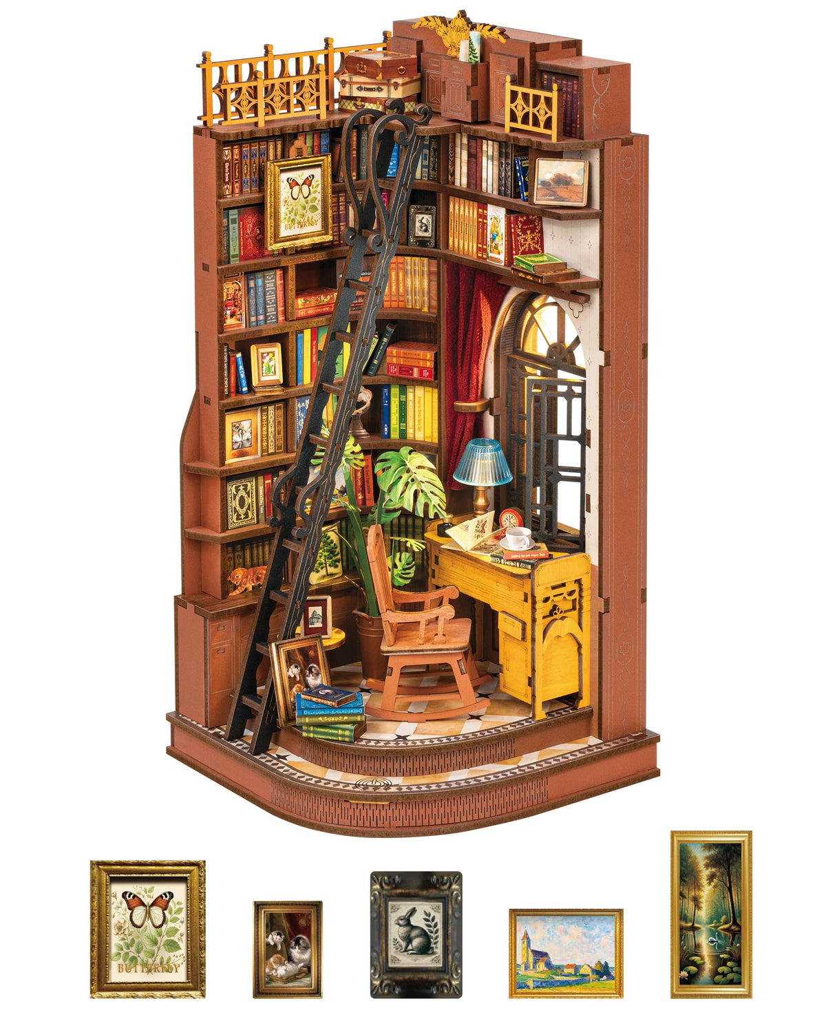 Robotime Book Nook Kit shelves highlight warm wood tones for a cozy study space
