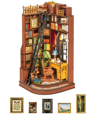 Robotime Book Nook Kit shelves highlight warm wood tones for a cozy study space