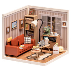 ROBOTIME Cozy Living Lounge interior with soft lighting for a charming display.