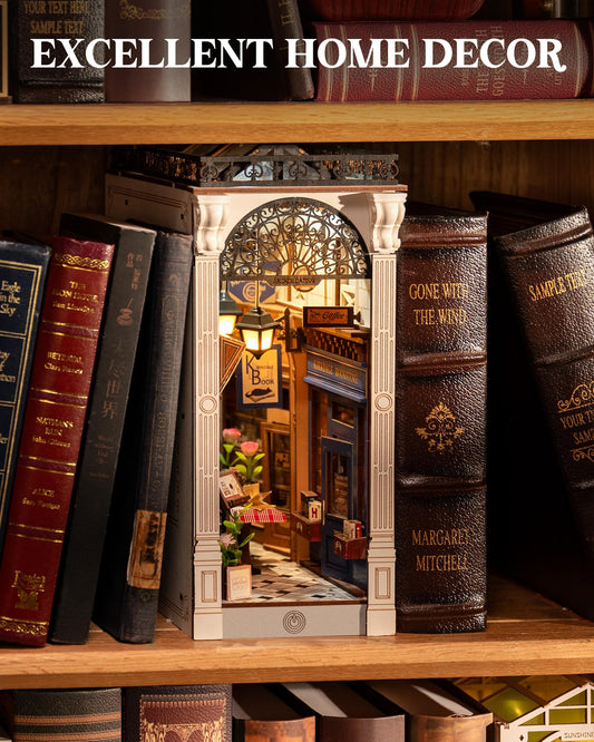 ROBOTIME book nook floral-windows showcase intricate craftsmanship on a decorative shelf