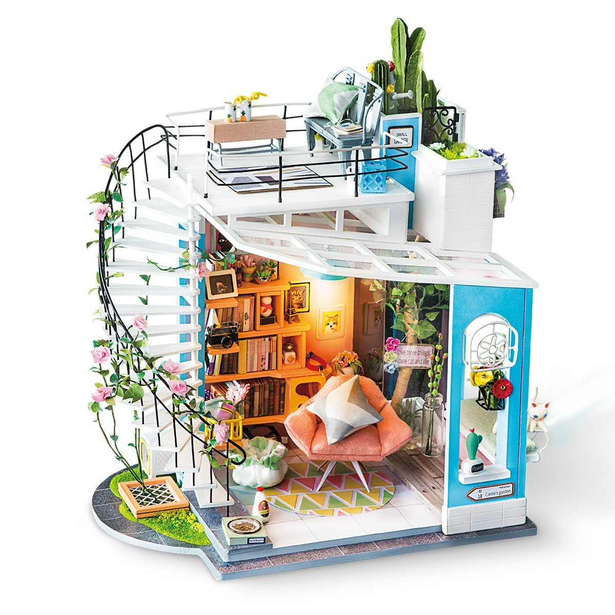 Robotime DIY miniature dollhouse kit with LED light for cozy night display.