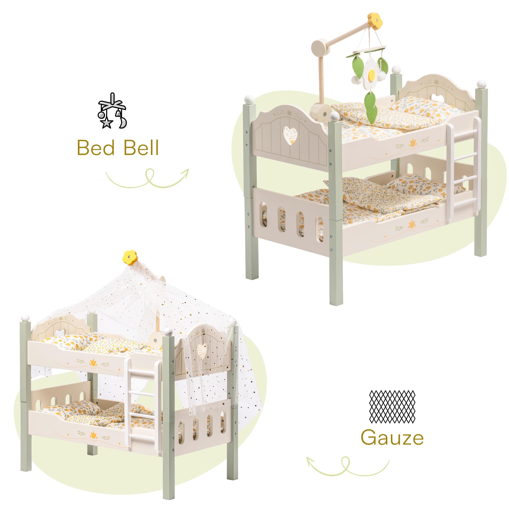 ROBOTIME doll bed curtains and mesh cover create a welcoming space.