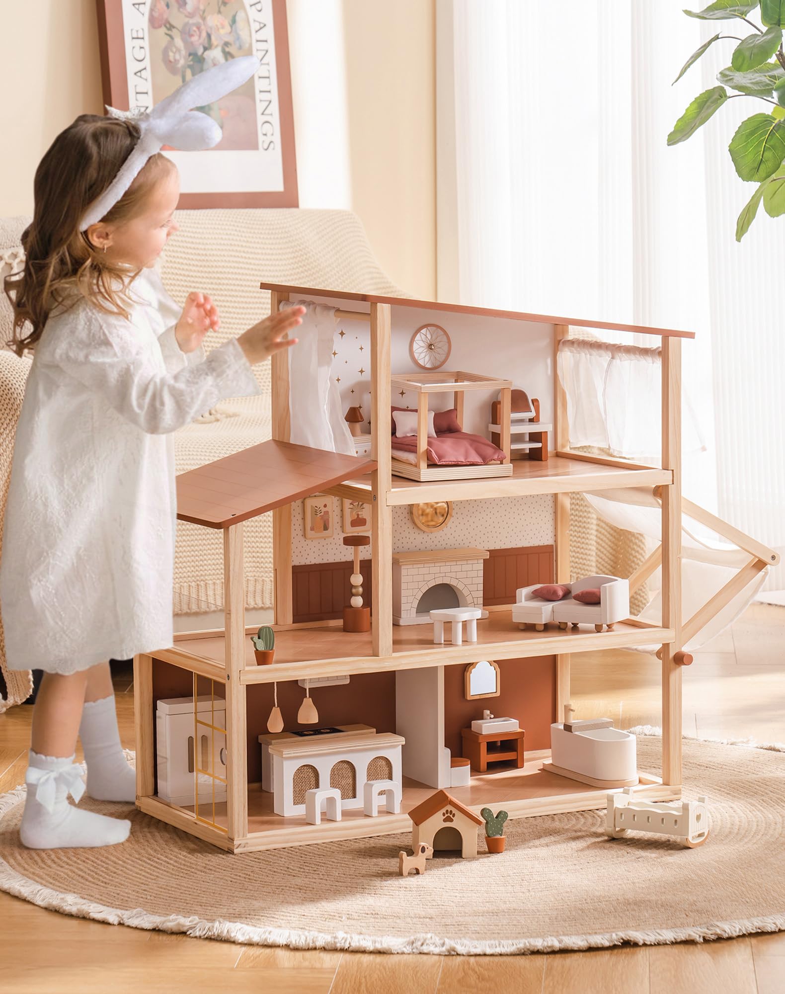 Robotime dollhouse interior with 37-piece Bohemian furniture for creative storytelling.