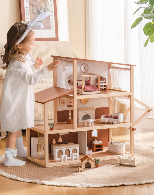 Robotime dollhouse interior with 37-piece Bohemian furniture for creative storytelling.