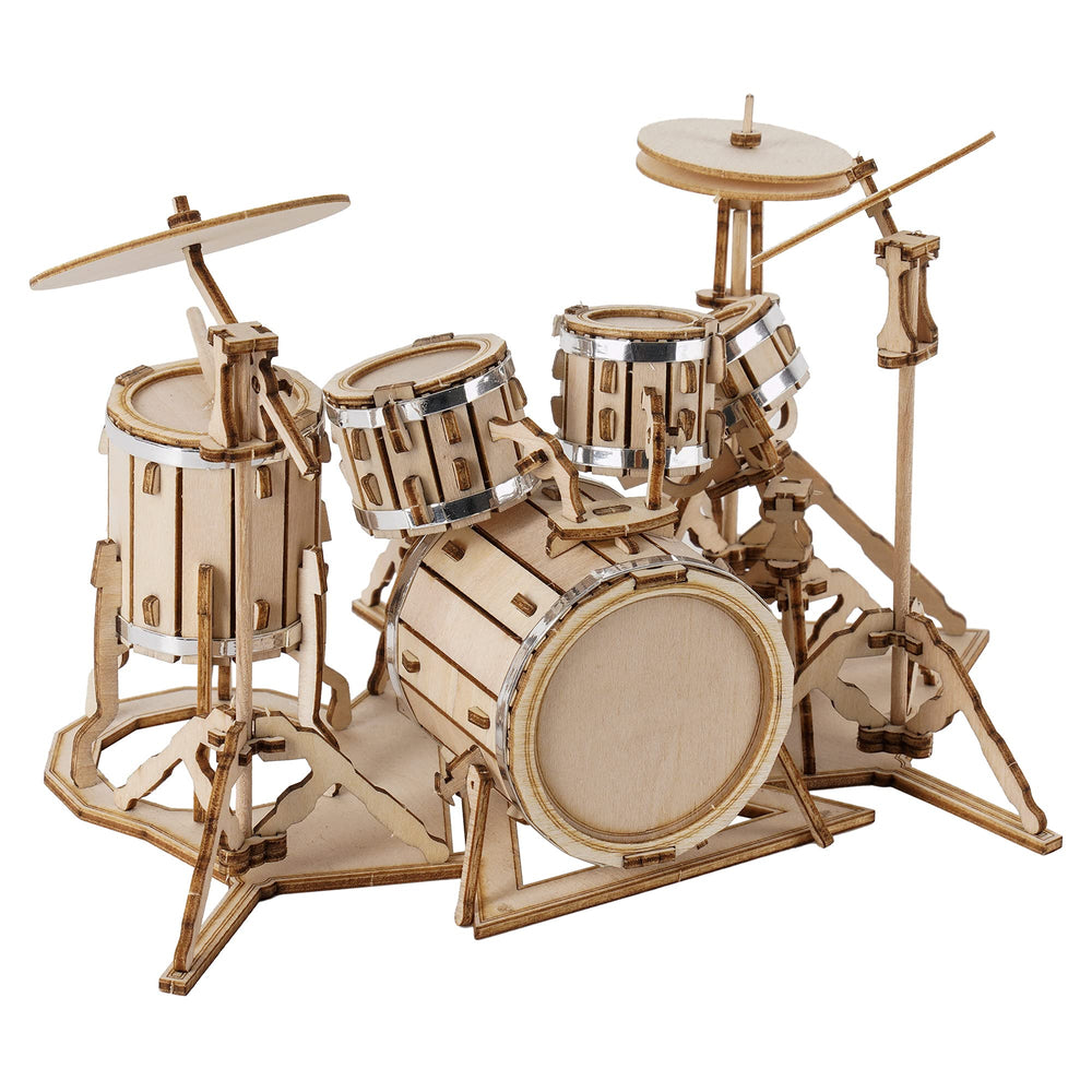 Robotime drum kit parts laid out for easy assembly and focus