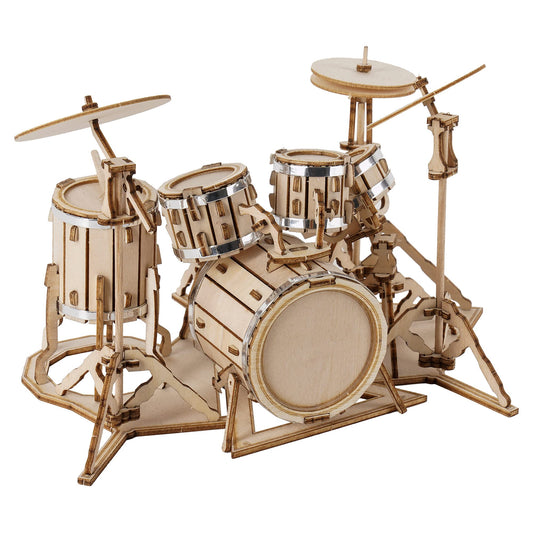 Robotime drum kit parts laid out for easy assembly and focus