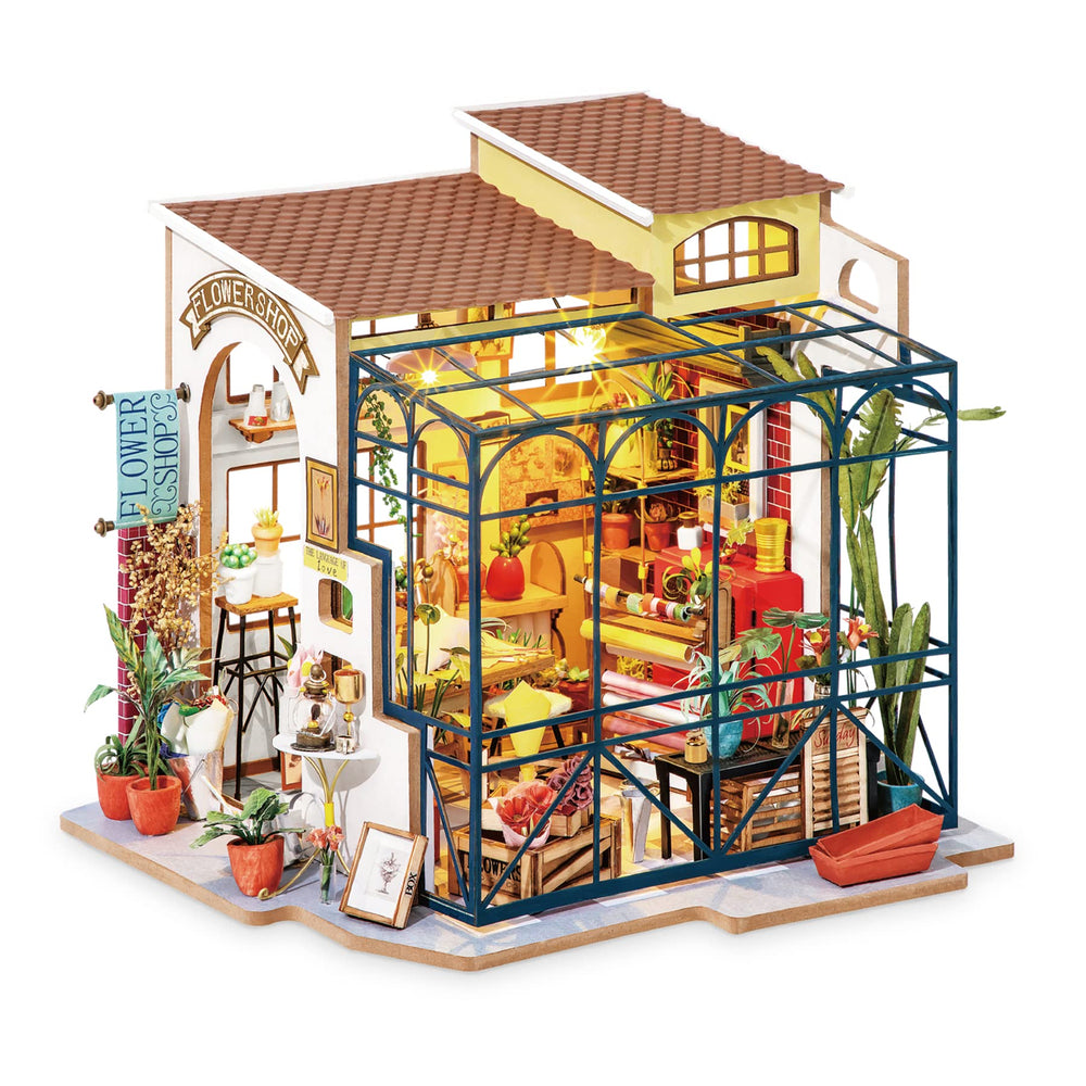 Robotime Emily's Flower Shop dollhouse front view for display and collection