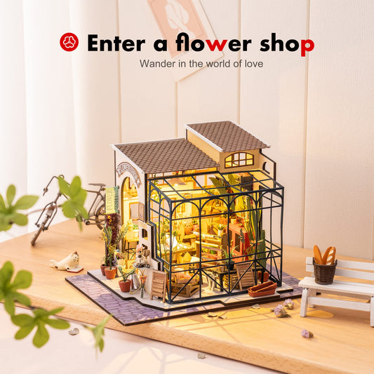 Robotime Emily's Flower Shop interior with miniature furniture scene