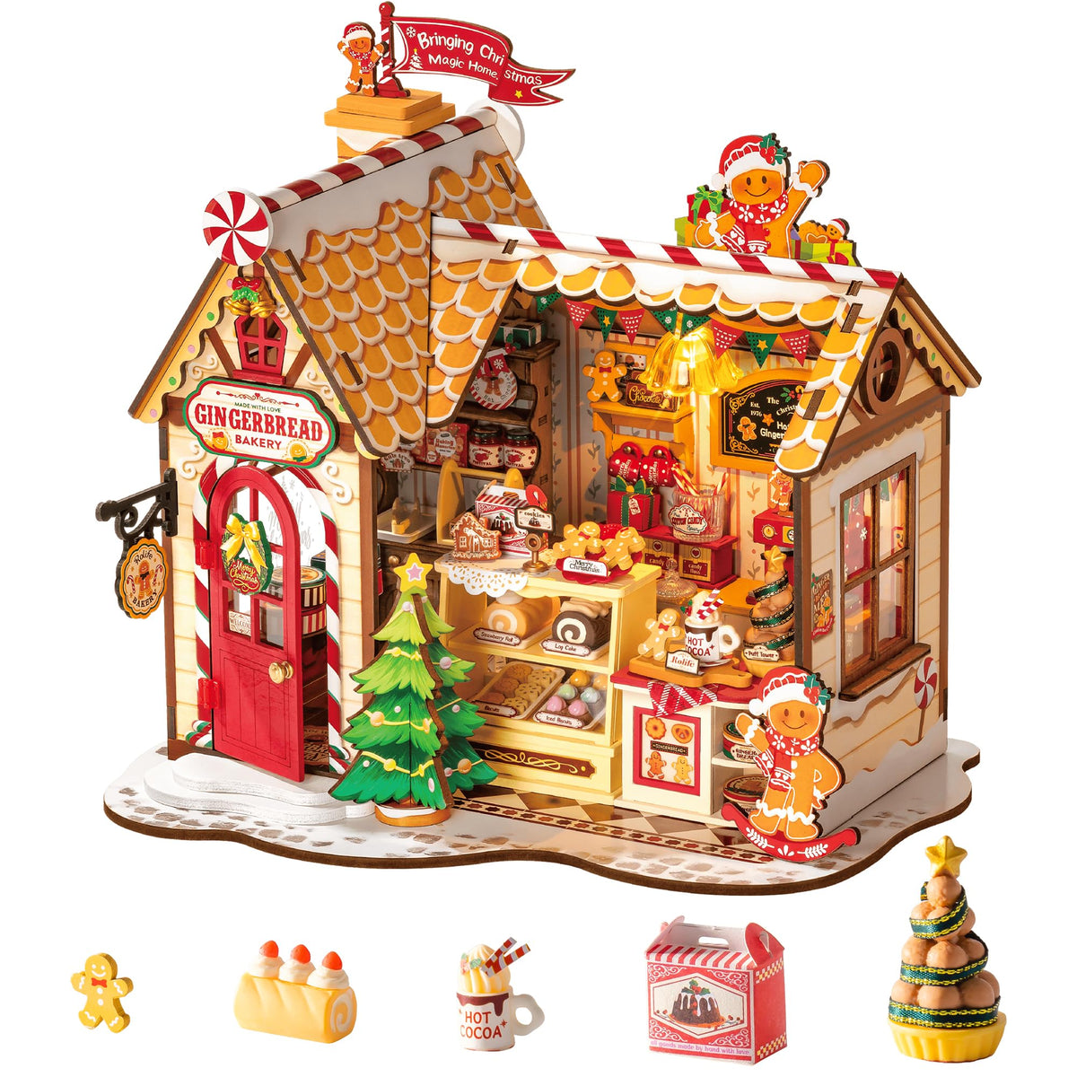 ROBOTIME gingerbread house kit front view for festive display