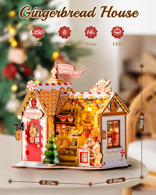 ROBOTIME gingerbread house with LED lights lit for fairy tale ambiance