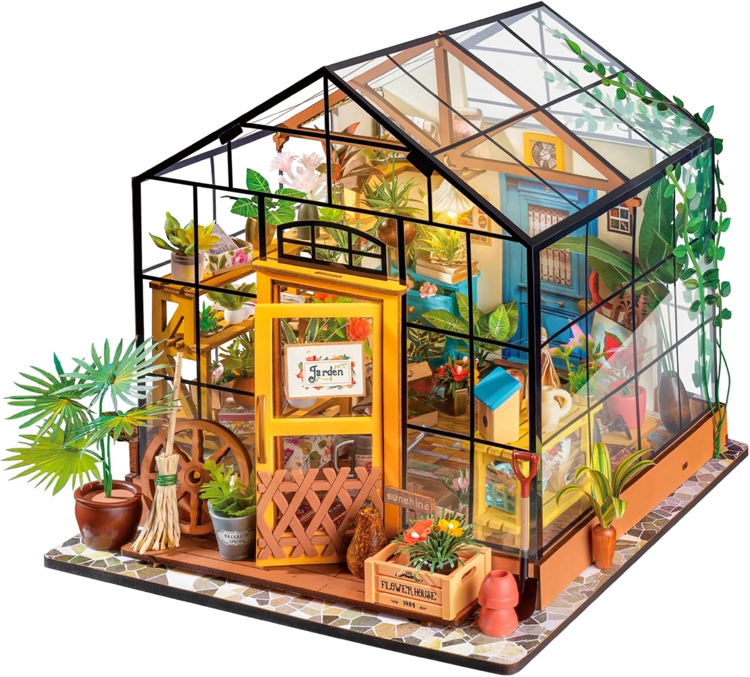 ROBOTIME Greenhouse miniature house with LED lights for bright desk display.