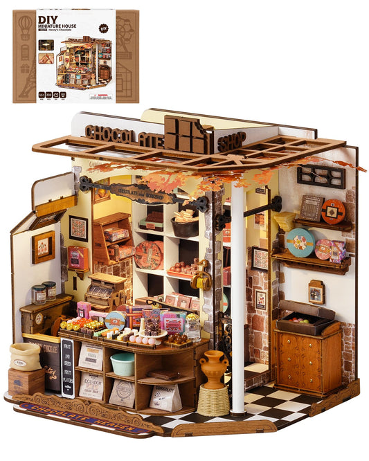 ROBOTIME Henry's Chocolate shop-front displays vintage charm for decorative display
