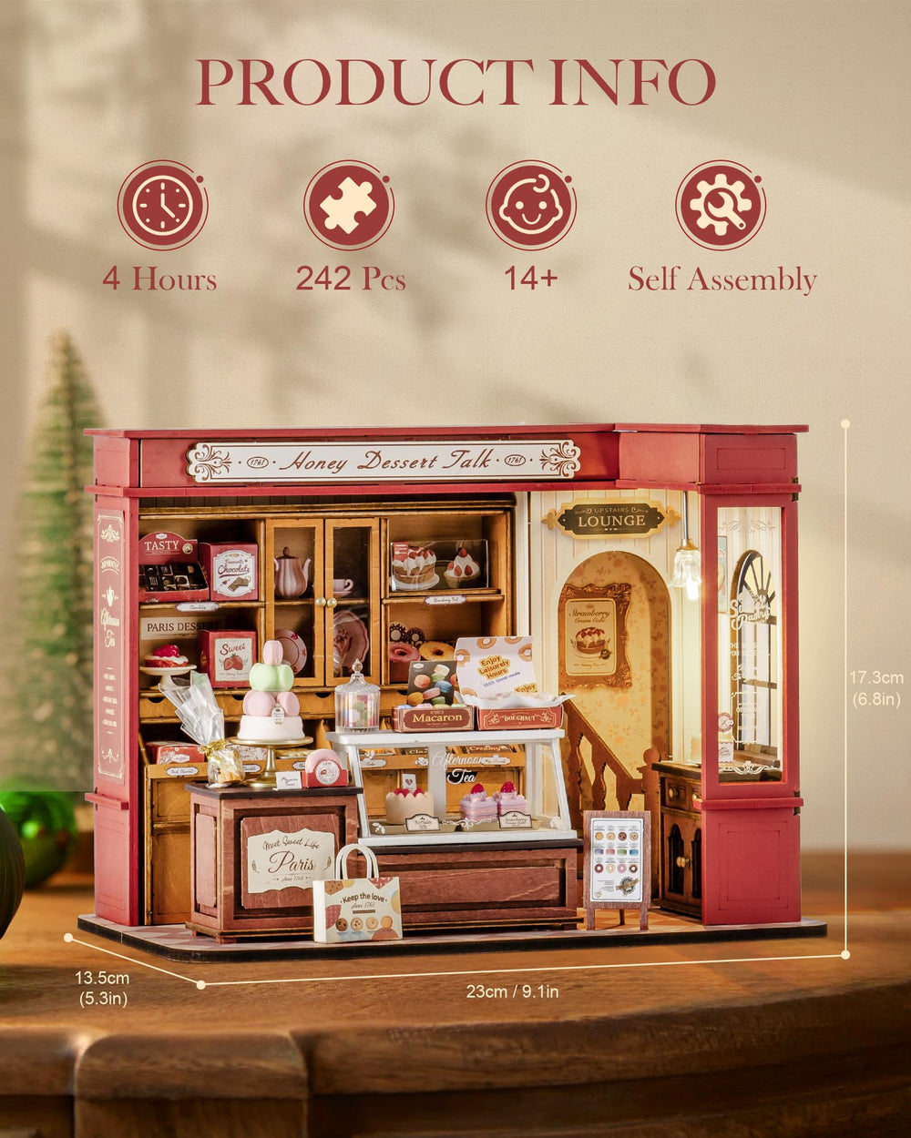ROBOTIME Honey Dessert Talk kit interior diorama shows precolored furniture