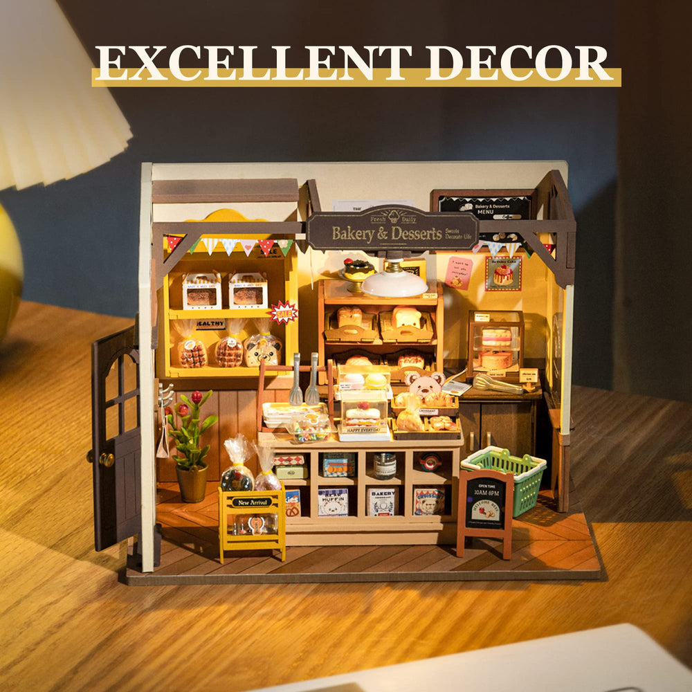 ROBOTIME LED toplight illuminates the dollhouse ambiance.