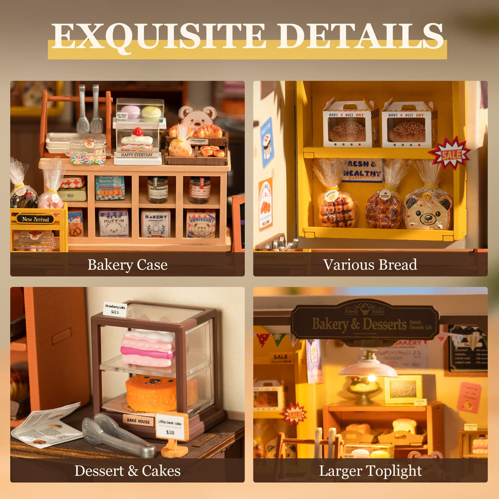 ROBOTIME bakery accessories set with tiny desserts for immersive play.