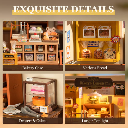 ROBOTIME bakery accessories set with tiny desserts for immersive play.