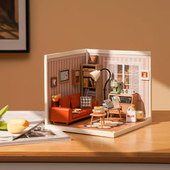 ROBOTIME miniature house kit shows easy DIY assembly with mostly finished components for quick setup.