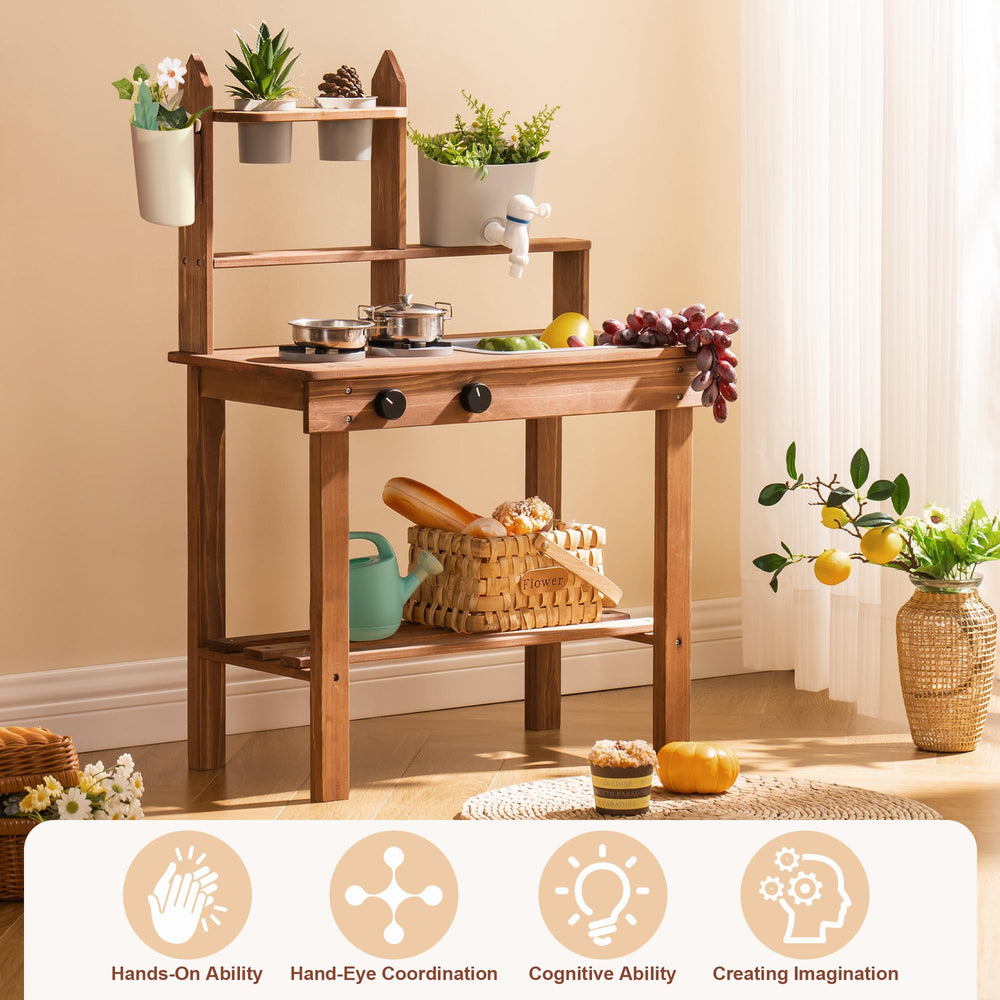 ROBOTIME Mud Kitchen planting pots support kid-friendly gardening and pretend farming.