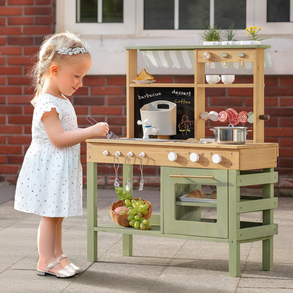 Robotime mud kitchen side view shows sturdy wood construction