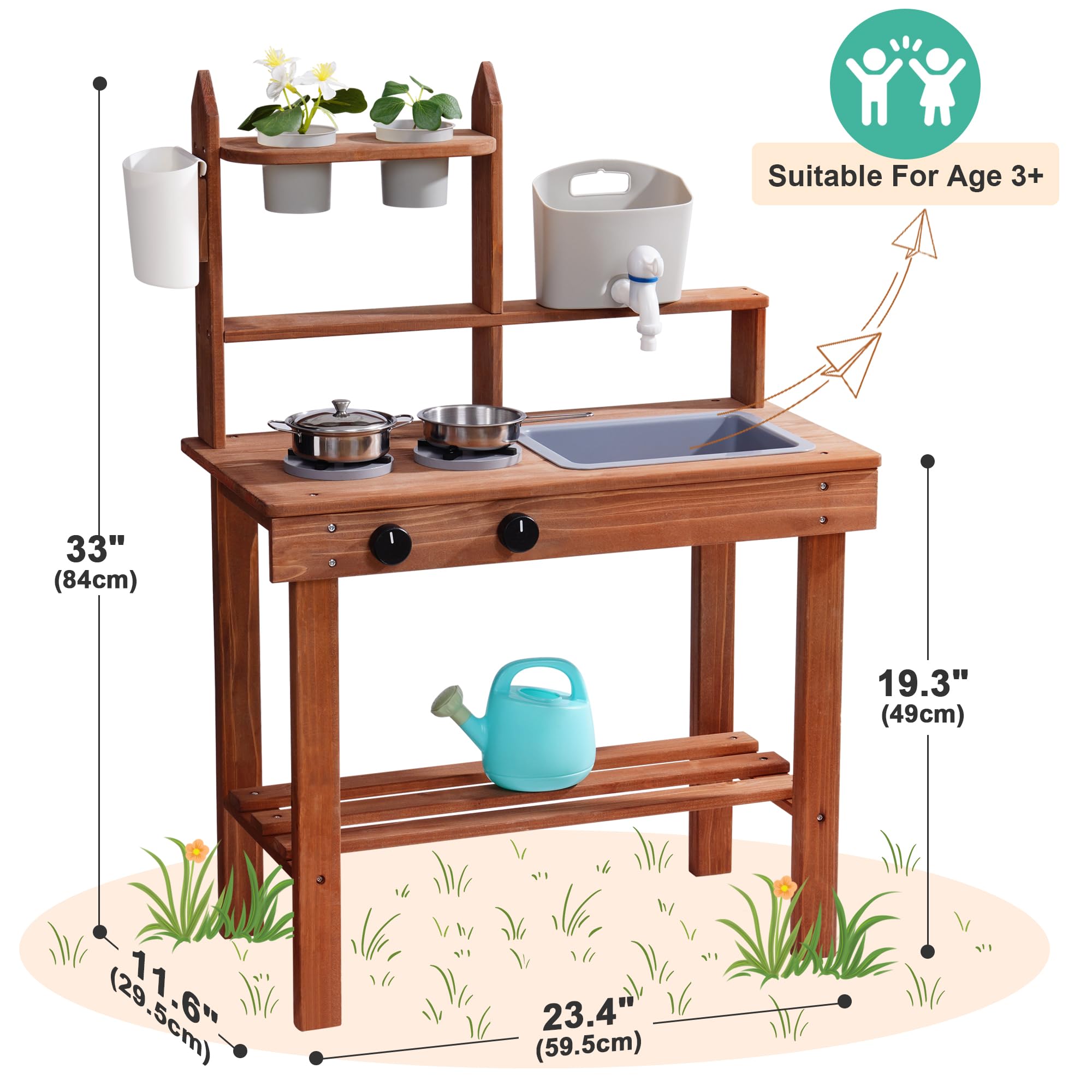 ROBOTIME Mud Kitchen stove knobs add realistic, satisfying clicks for pretend meals.