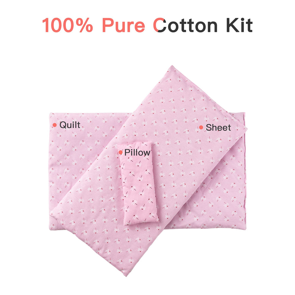 ROBOTIME pink pillow quilt adds warmth to the white doll bed