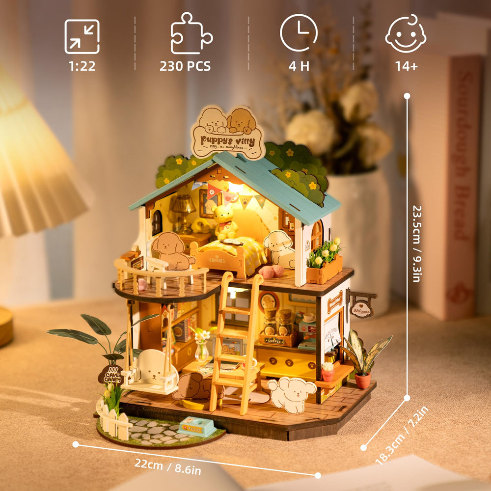 ROBOTIME Puppy's Cozy Villa assembled diorama serves as a desk ornament.