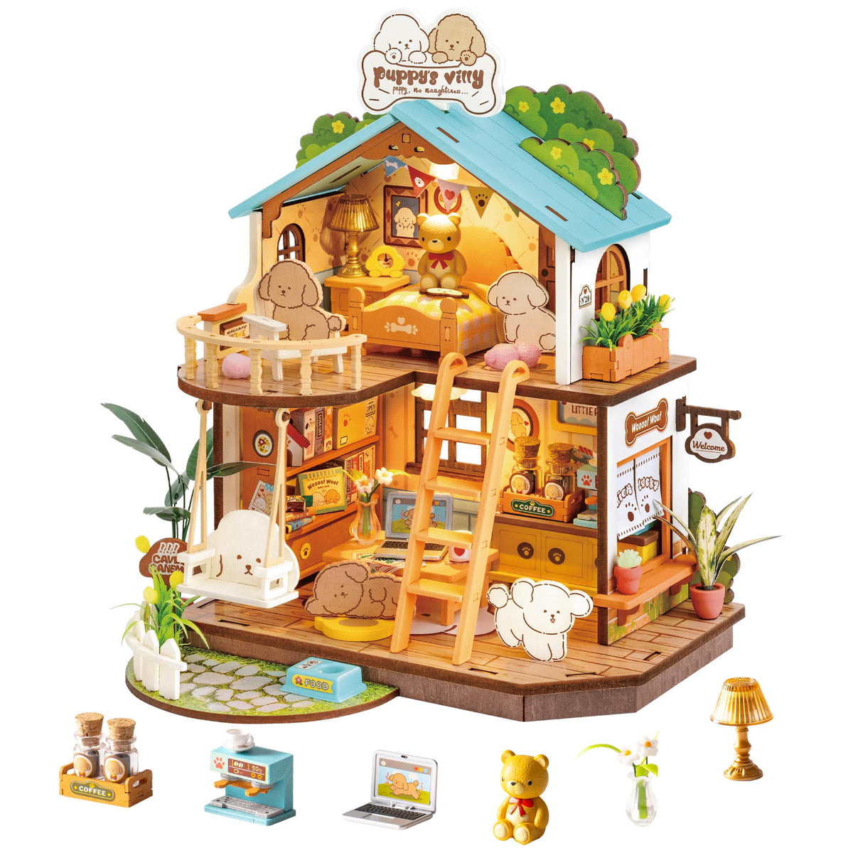 ROBOTIME Puppy's Cozy Villa front view, a welcoming wooden dollhouse for creative play.
