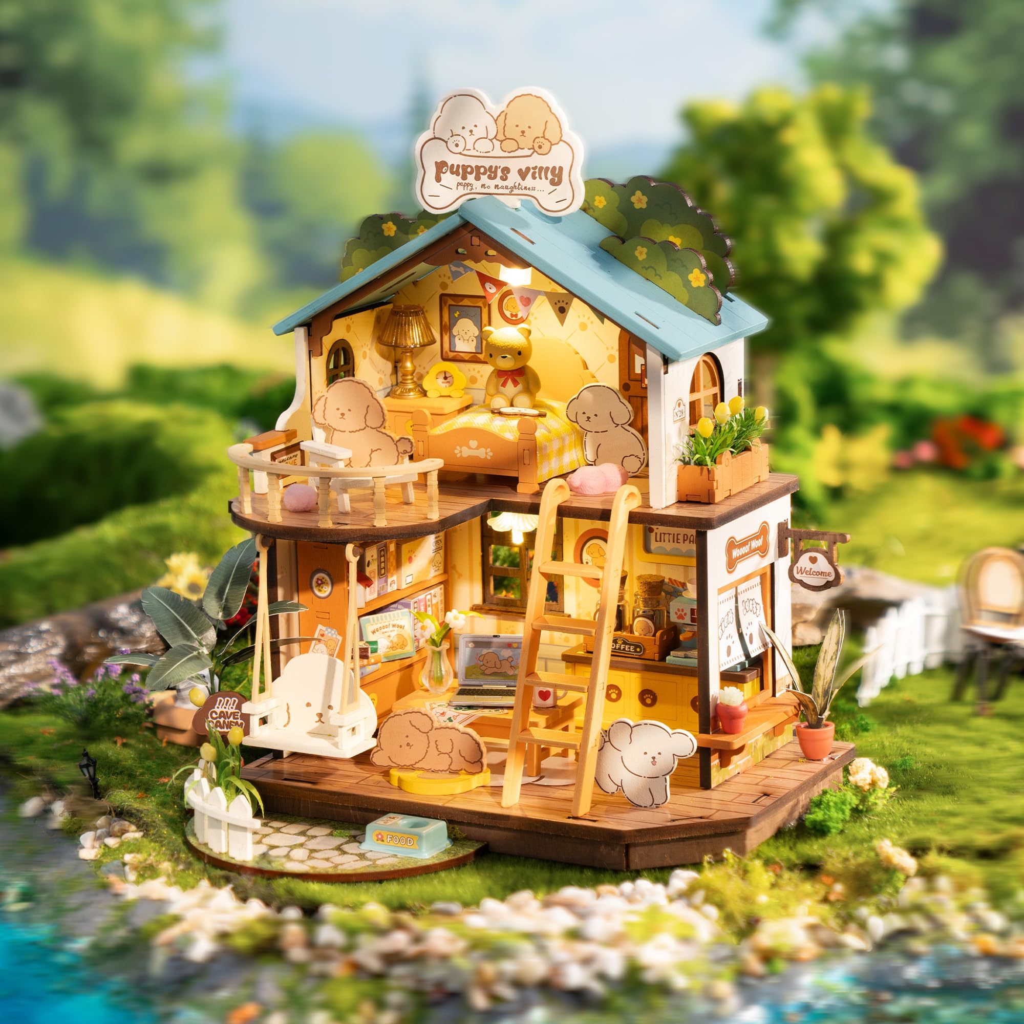 ROBOTIME Puppy's Cozy Villa interior with LED lighting creates a warm, inviting diorama.