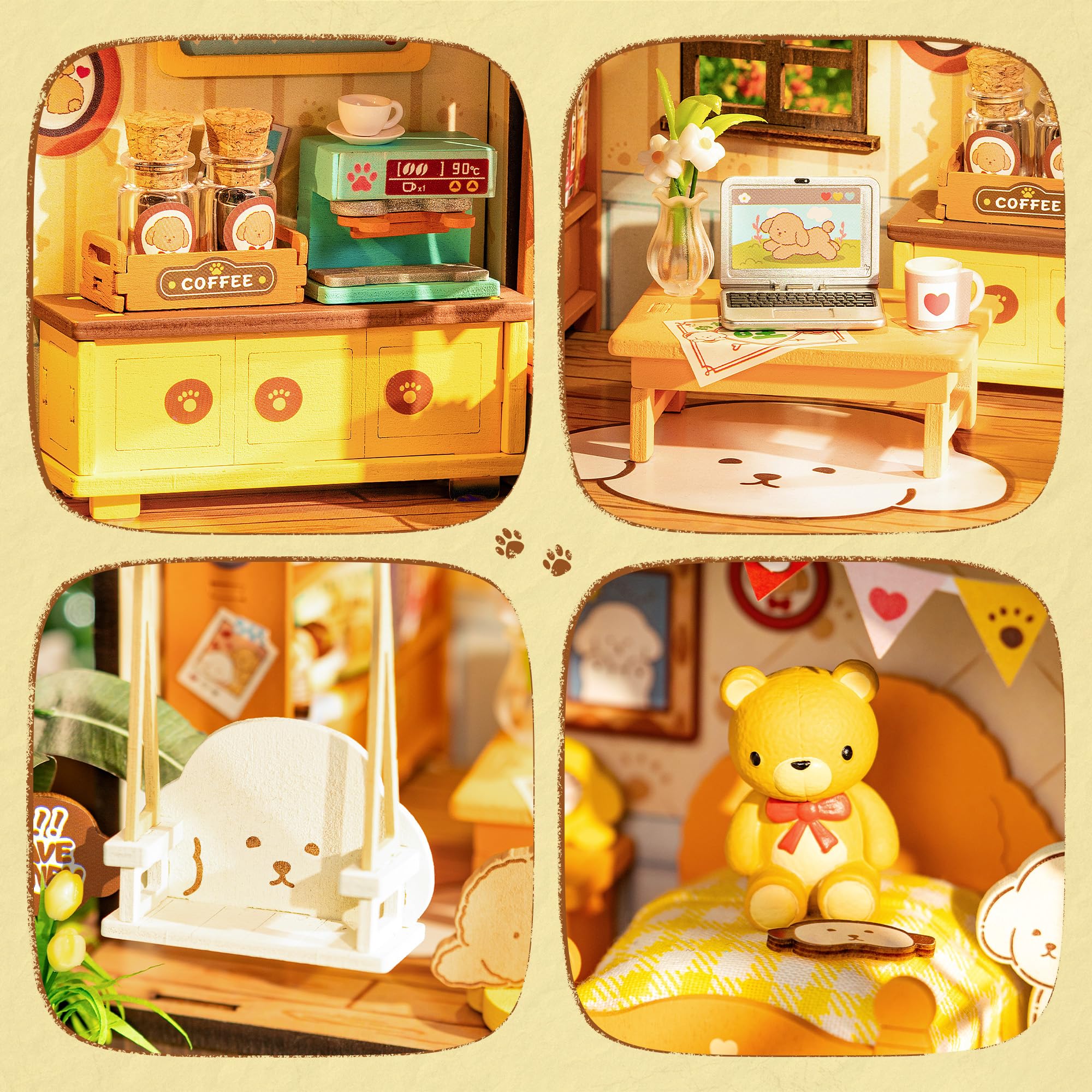 ROBOTIME Puppy's Cozy Villa pre-colored furniture simplifies setup and decorating.