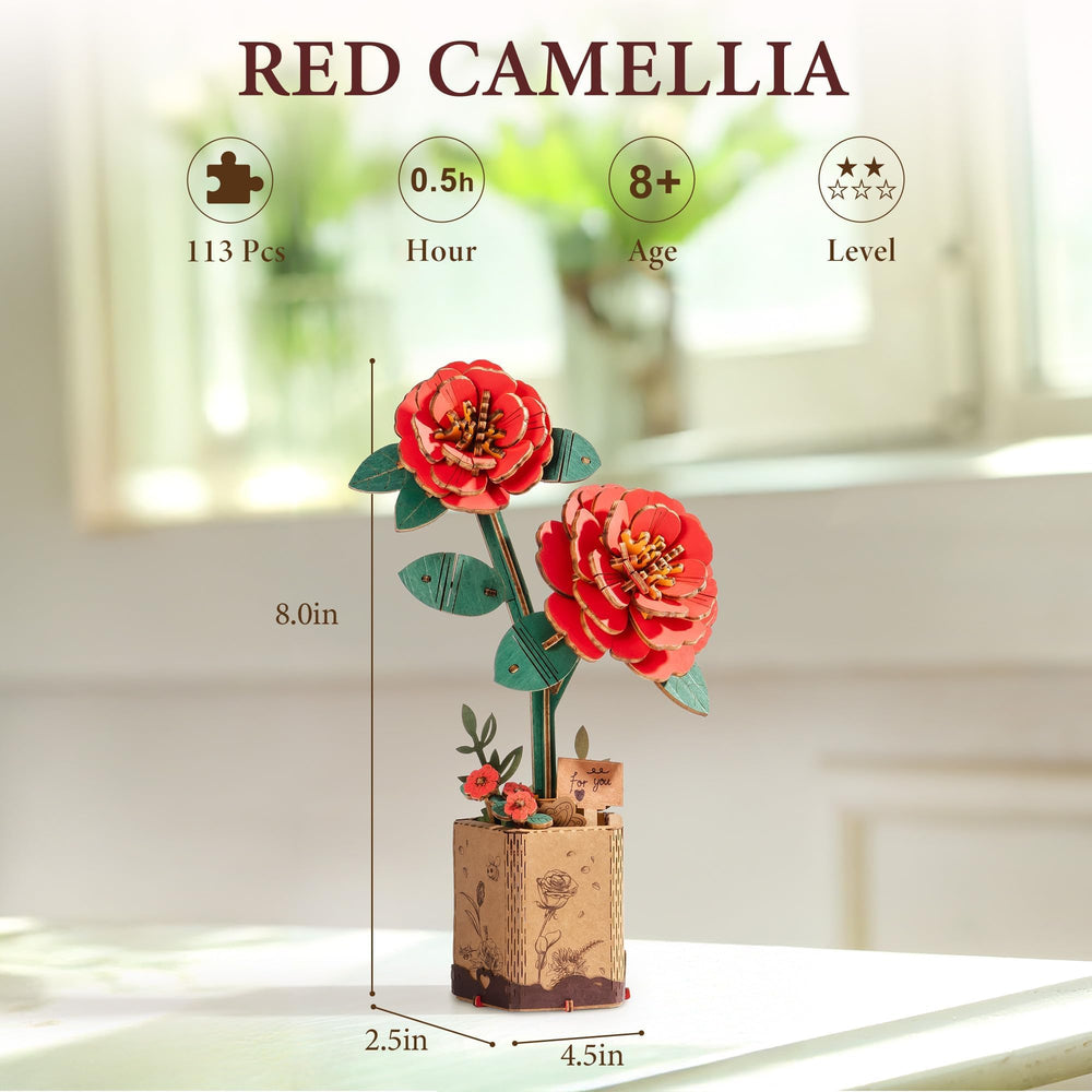 ROBOTIME red camellia garden display with adjustable petals for versatile arrangements