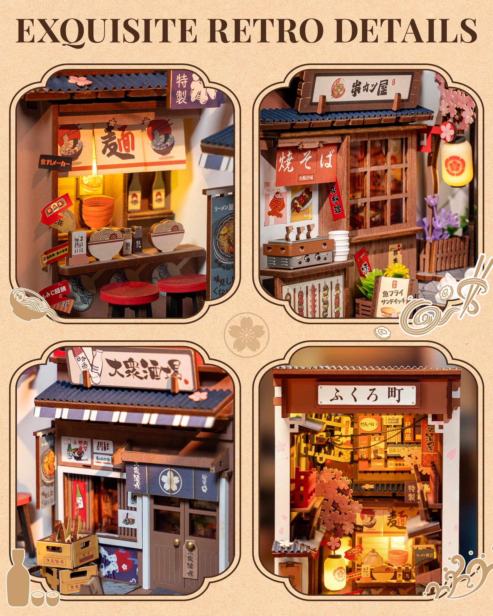 ROBOTIME Sakura Wine Alley interior highlights cozy details for a desk diorama.
