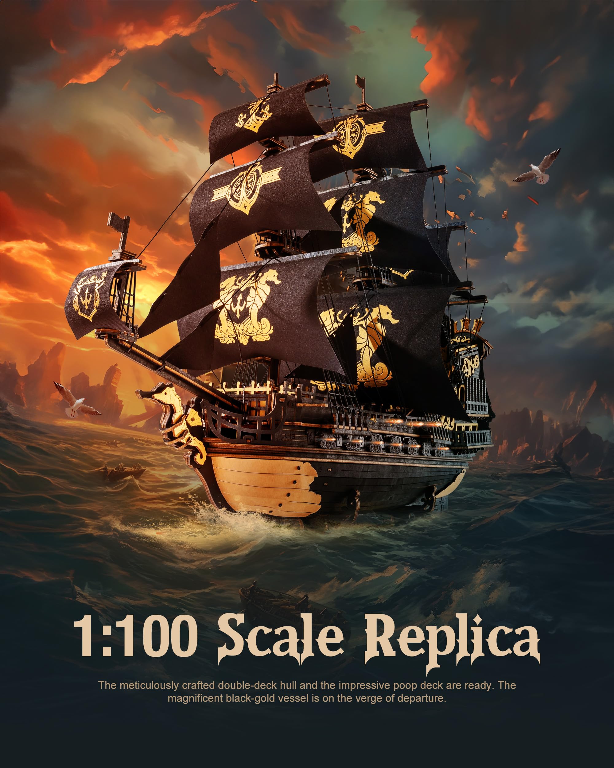 Robotime Seahorse puzzle-masts detail, showcasing complex craftsmanship for adult hobbyists.