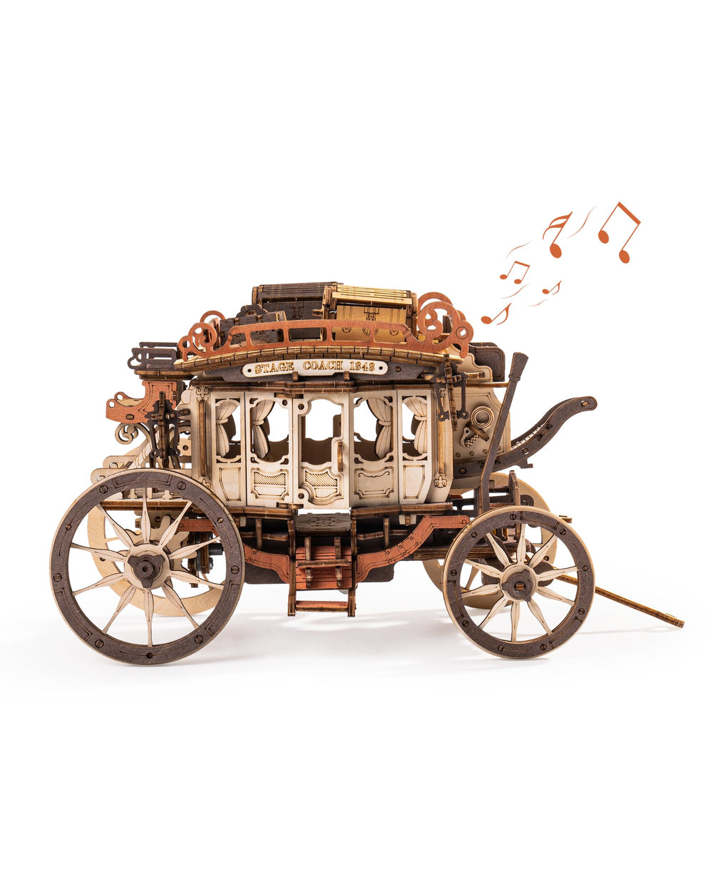 ROBOTIME Stagecoach model front view showcasing intricate woodwork and vintage charm for display.