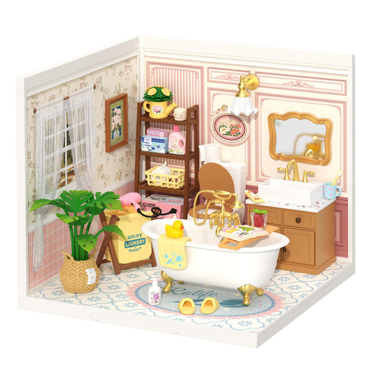Robotime Super Creator bathroom with bubble bath detail for spa-like realism.