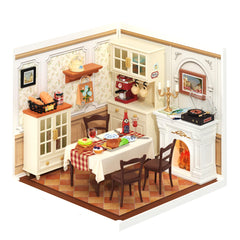 ROBOTIME Super Creator dining table shown as the cozy centerpiece for a miniature dining scene