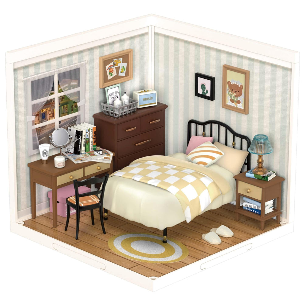 Robotime Sweet Dream Bedroom bed with cozy design for restful play and display.